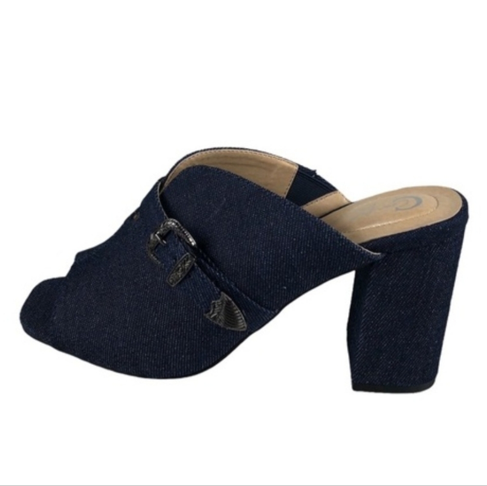 New! Cato Dark Blue Denim Block Heel Open Toe Buckle Embellished Mules 10M NWOT
